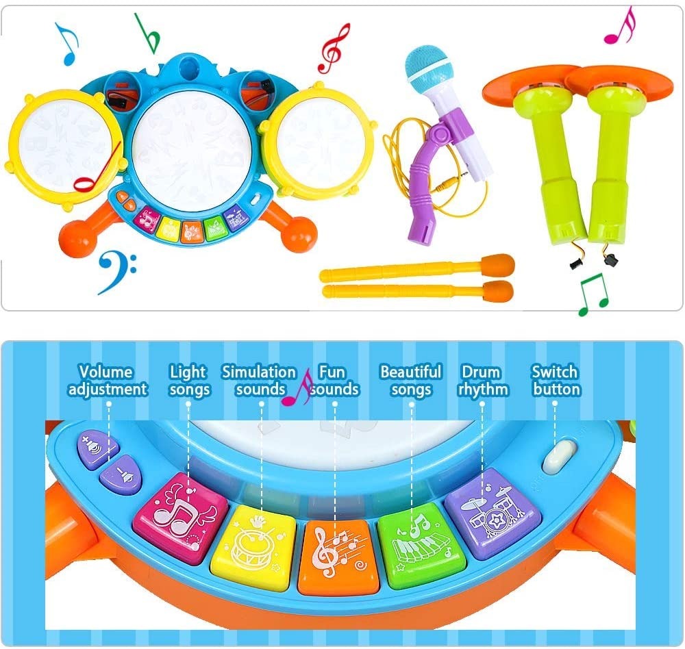 Kids Drum Set Toddler Toys With Adjustable Microphone Musical Instruments Playset