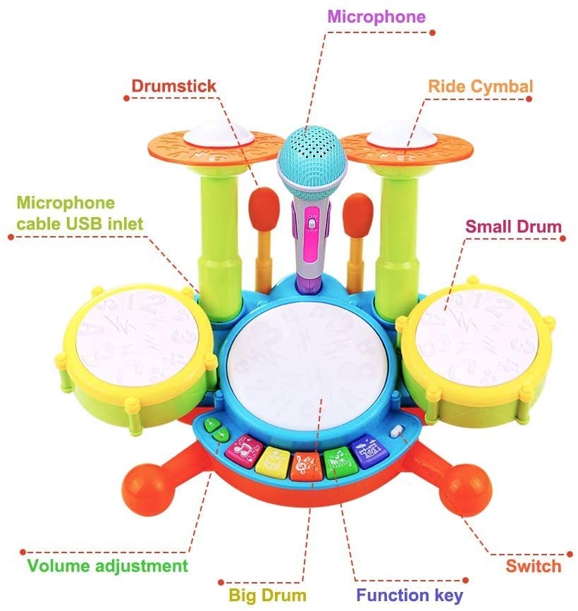 Kids Drum Set Toddler Toys With Adjustable Microphone Musical Instruments Playset
