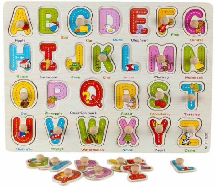 Montessori Wooden Alphabets Puzzle Picture Board With Knobs Alphabets Toys for kids