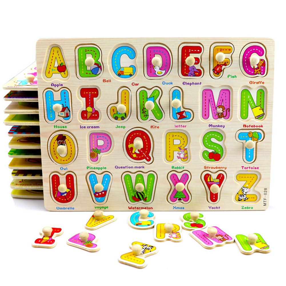 Montessori Wooden Alphabets Puzzle Picture Board With Knobs Alphabets Toys for kids